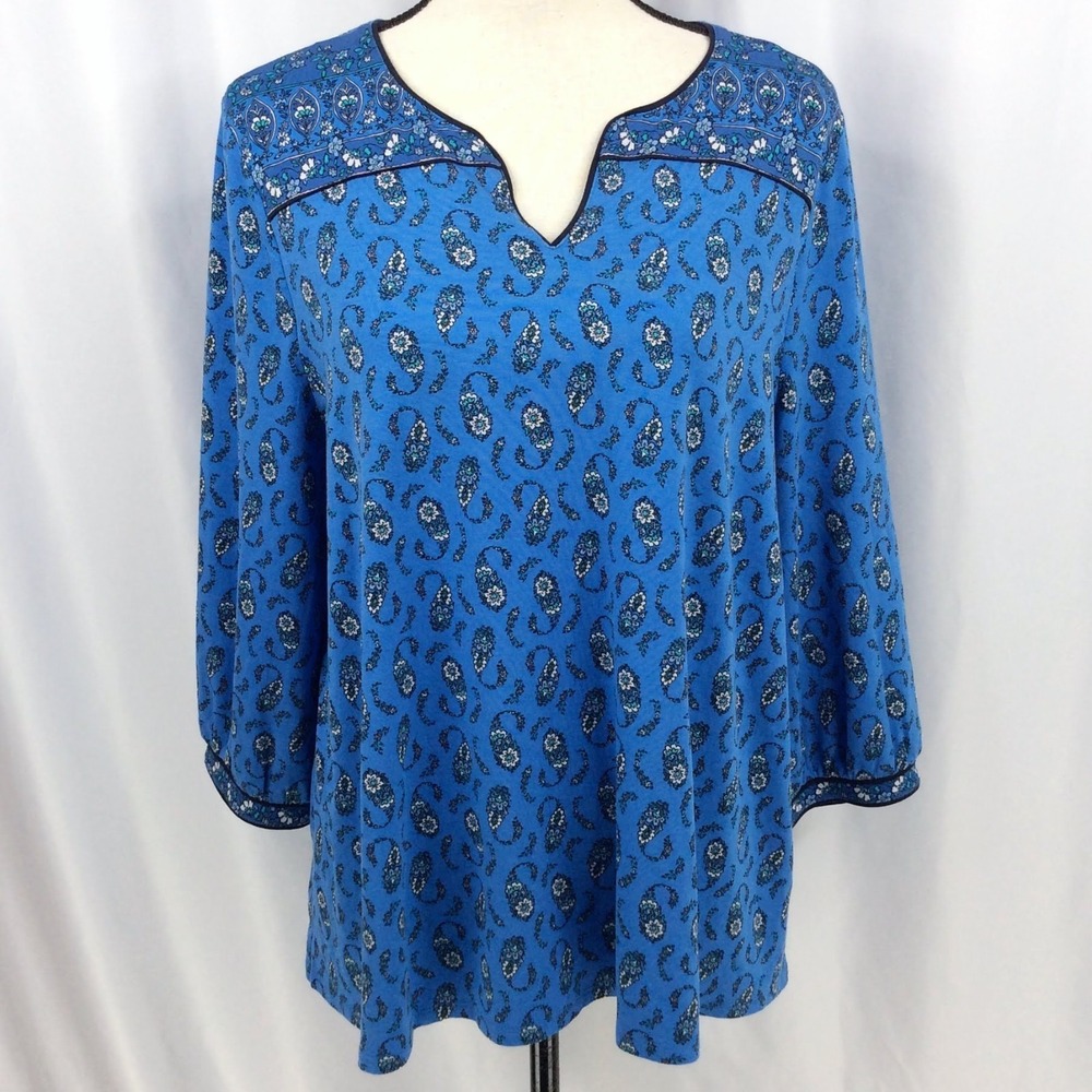 J Jill Womens Wearever Collection Top Size Large Blue Floral Paisley 3/4 Sleeves
